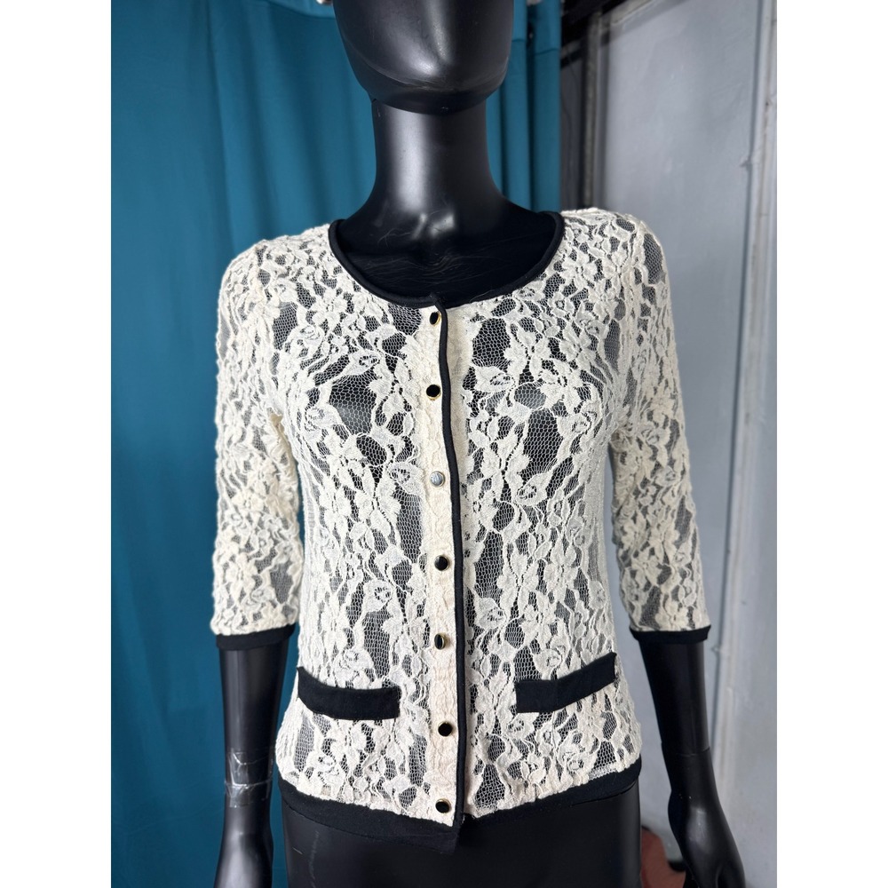 ISSI Cream‎ Lace Black Trim Button Front Cardigan Sweater Women's M
